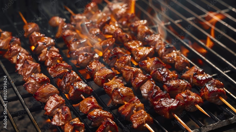 A barbecue grill loaded with skewers of marinated pork neck, grilling to perfection and enticing with its smoky aroma. A barbecue grill loaded with skewers of marinated pork neck, grilling to perfection and enticing with its smoky aroma.