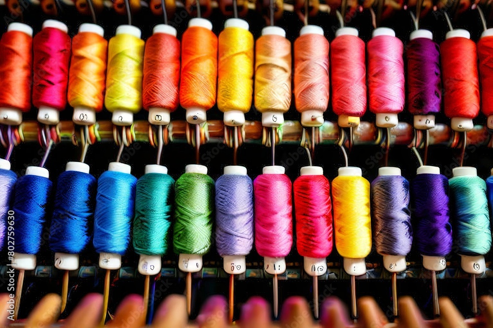vibrant background of multicolored sewing thread spools, featuring a delightfu vibrant background of multicolored sewing thread spools, featuring a delightfu