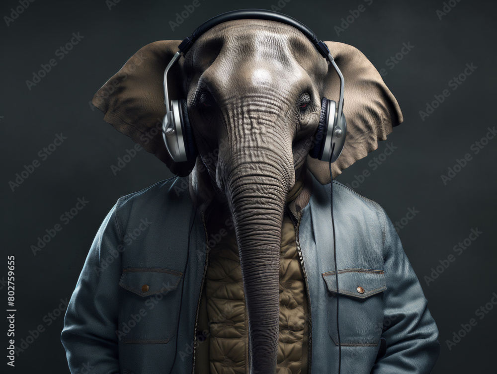 A cartoon elephant wearing headphones and a blue jacket
