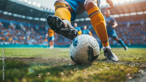 photo of soccer player kicking ball in stadium  blue and yellow jersey  close up on leg  crowd background  action shot