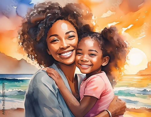 Illustration of black mother and daughter hug each other abstract background watercolor art style