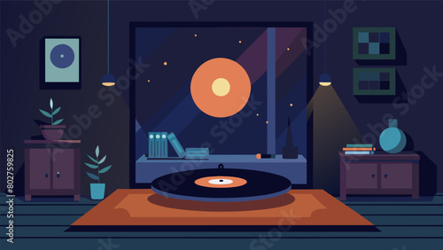 The dimly lit studio filled with the crackling sounds of a spinning vinyl record setting the mood for a calming yoga session in a Vinyl Listening Vector illustration