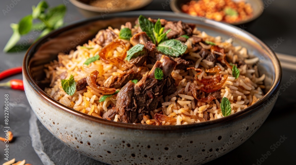 A bowl of aromatic biryani rice, studded with tender pieces of lamb and garnished with fried onions and mint leaves.