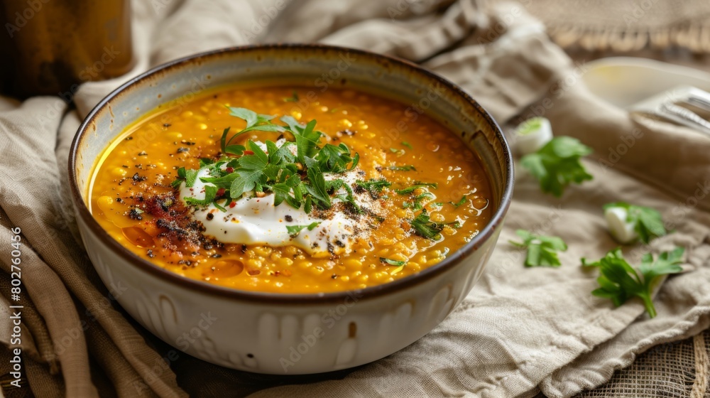 A bowl of comforting lentil soup, garnished with a dollop of creamy yogurt and a sprinkle of fragrant cumin seeds. A bowl of comforting lentil soup, garnished with a dollop of creamy yogurt and a sprinkle of fragrant cumin seeds.