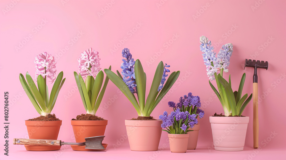 Pots shovel and hyacinths on pink background