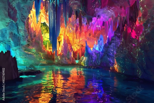 A cavern where the stalactites and stalagmites are luminous and colorful. photo