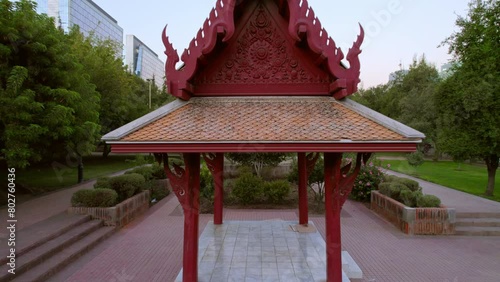 Asian architecture in the thailand park in the araucano park in Santiago Chile, natural environment in the middle of the financial center. Pagoda photo