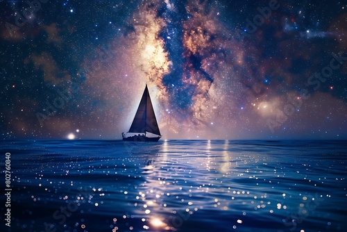 A celestial navigation scene a lone sailboat traverses a calm ocean beneath a blanket of stars, with the Milky Way visible, capturing the spirit of exploration and the vastness of the universe.