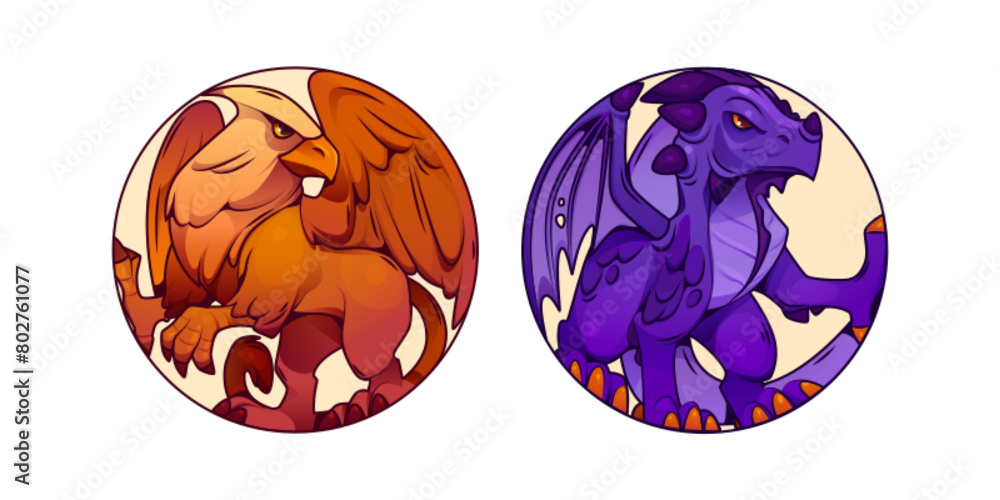 Griffin with wings and dragon game circle icon. Gryphon eagle bird character and monster mascot drawing set. Mythology round avatar design with dinosaur claw. Heraldic purple clipart for profile Griffin with wings and dragon game circle icon. Gryphon eagle bird character and monster mascot drawing set. Mythology round avatar design with dinosaur claw. Heraldic purple clipart for profile