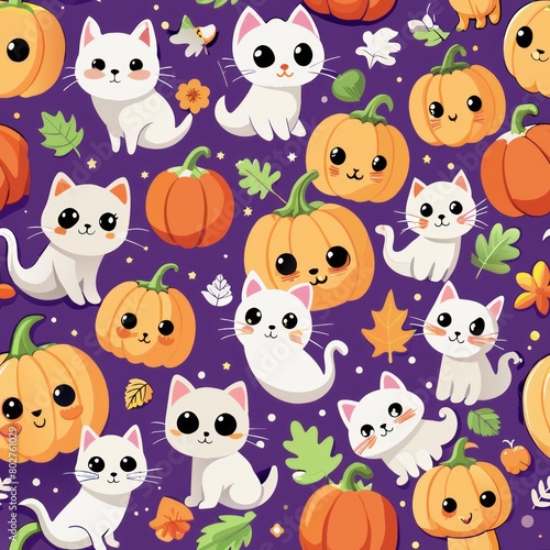 Seamless pattern of cute ghost kittens peeking out of pumpkin patches  Generative AI
