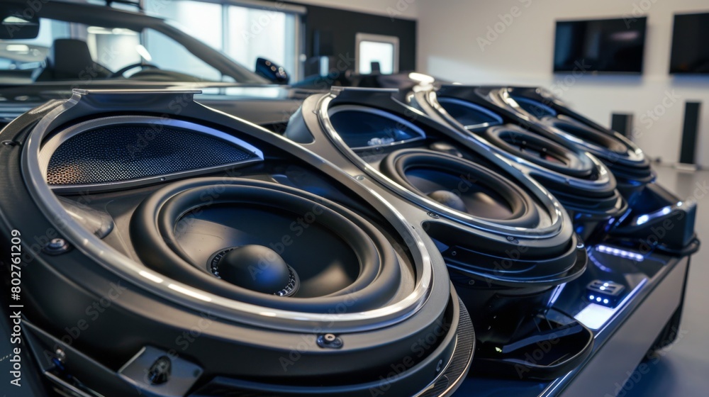 A car audio installation specialist showcasing a range of custom speaker enclosures designed to fit various vehicle models. A car audio installation specialist showcasing a range of custom speaker enclosures designed to fit various vehicle models.