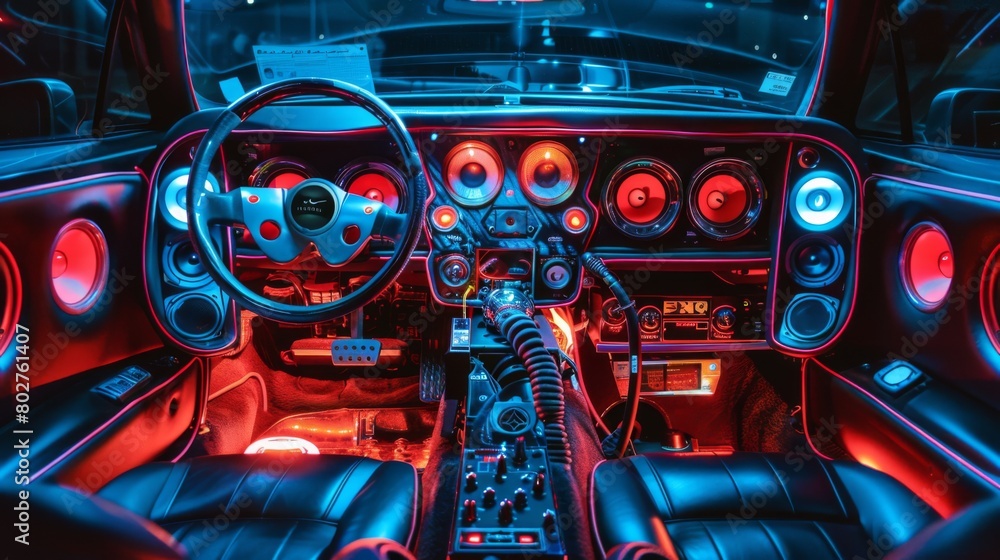 A car stereo enthusiast proudly displaying their custom-built sound system, complete with powerful speakers and amplifiers for superior audio performance. A car stereo enthusiast proudly displaying their custom-built sound system, complete with powerful speakers and amplifiers for superior audio performance.