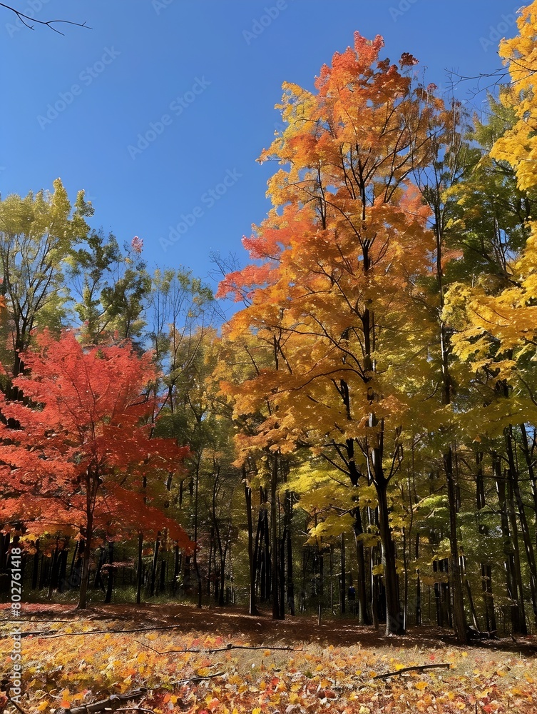 Vibrant Autumn Forest with Colorful Leaves and Clear Blue Sky