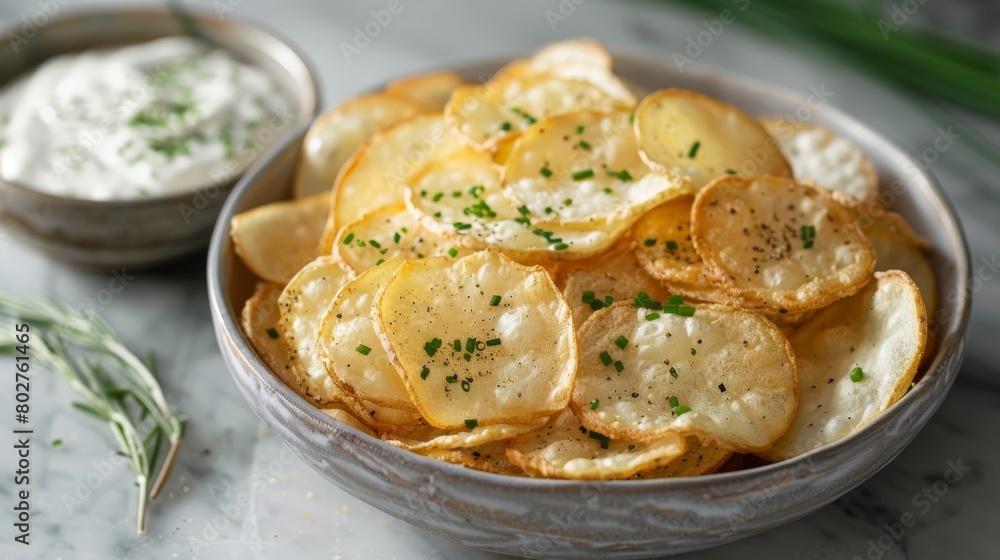 Sour Cream & Onion Chips with Fresh Chives in Minimalist Bowl. Artisan Crunchy Snack Sour Cream & Onion Chips with Fresh Chives in Minimalist Bowl. Artisan Crunchy Snack