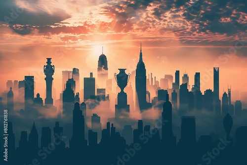 A cityscape silhouette with buildings shaped like sports trophies. #802761838