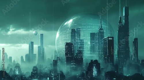 A futuristic city skyline with a protective bubble of encryption enveloping it, safeguarding the digital lives of its inhabitants from external cyber threats. 32k, full ultra hd, high resolution photo
