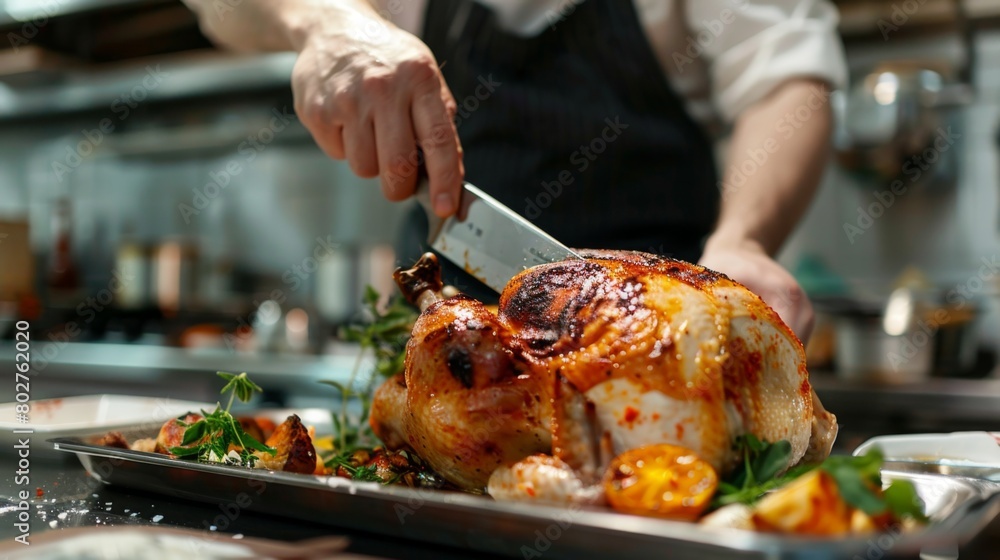 A chef carving into a whole roasted chicken, revealing tender and juicy meat beneath the crispy skin.