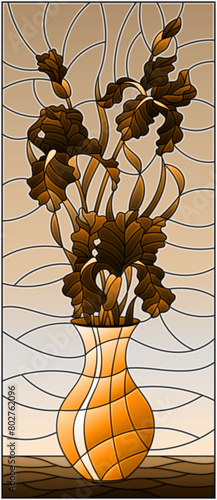 Illustration in stained glass style with floral still life,  bouquet of irises in a vase on, tone brown