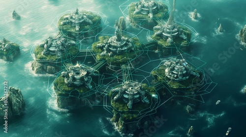 A network of fortified digital islands, each protected by its own security measures, connected by encrypted bridges over a sea of cyber vulnerabilities. 32k, full ultra hd, high resolution