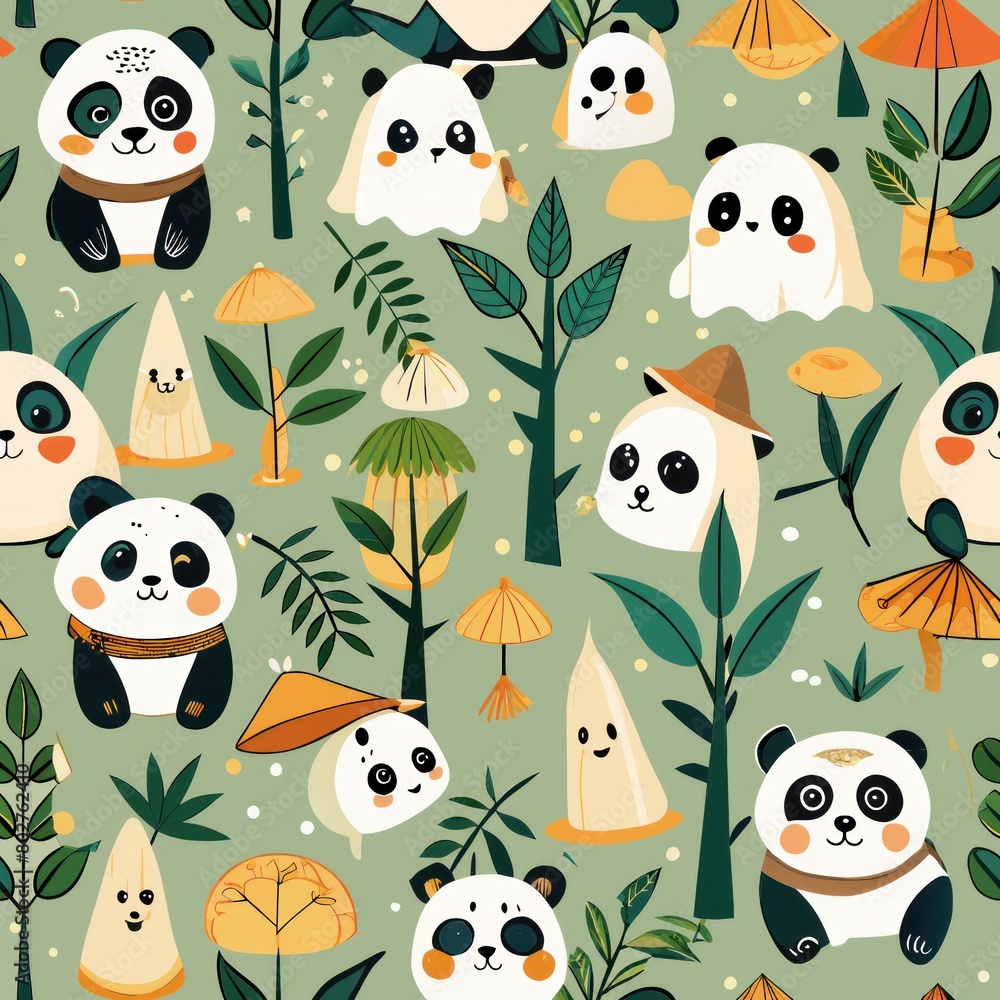 Seamless pattern of friendly ghost pandas and bamboo shoots, Generative AI Seamless pattern of friendly ghost pandas and bamboo shoots, Generative AI