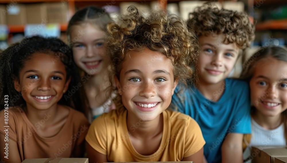 Happy volunteers with children sorting donation Happy volunteers with children sorting donation