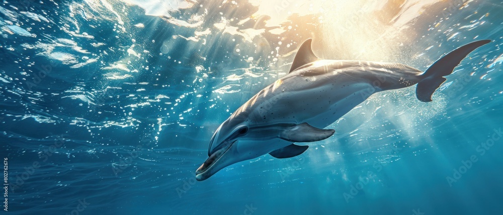 Fototapeta premium A graceful dolphin leaps from the depths, surrounded by shimmering blue hues, conveying customer satisfaction in simplicity.