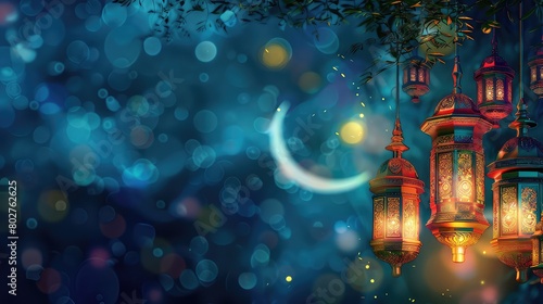 A background of colorful Eid Al Adha lanterns with a crescent moon and copyspace.