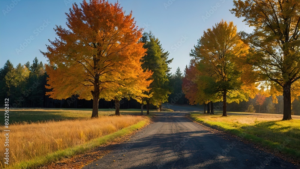 Autumn Trees Along a Driveway Beautiful Green Forest Meets Road, Scenic Autumn Drive Beautiful Trees and Green Forest Along Asphalt Road, Green Forest and Autumn Trees A Beautiful Scene Along an Aspha