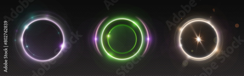 Circle light ring. Halo neon glow effect vector. Flare shine portal with magic energy in purple and green color. Space ball round frame. Radial orb design. Planet sparkle with lens on edge graphic
