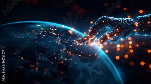 A sleek, cybernetic hand casting a web of secure connections over a glowing globe, with each connection point fortified by a barrier of light, illustrating global internet security. 