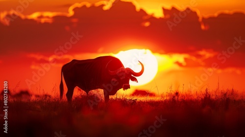 A large black ox is standing in a field of tall grass