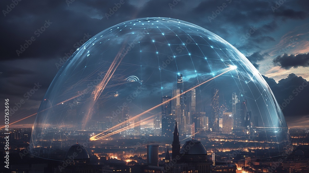 An impenetrable digital dome encasing a city's internet infrastructure, with rays of attempted cyber attacks deflecting off its surface, showcasing robust internet security. 