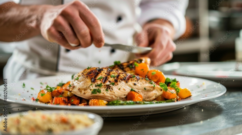 A chef plating up grilled chicken breasts with roasted vegetables and couscous, a healthy and flavorful meal option.