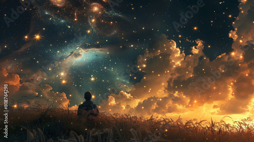 Star-gazer's dream: a cosmic journey amidst the night sky, reconnecting with the universe, Solitary figure marvels at the mesmerizing night sky, filled with galaxies, stars, and nebulous clouds photo