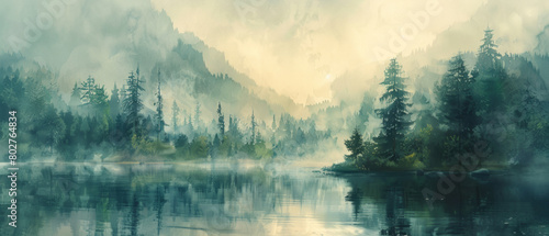 Enchanting watercolor painting of a serene forest and river without human presence, evoking a sense of tranquility and solitude. © ChubbyCat