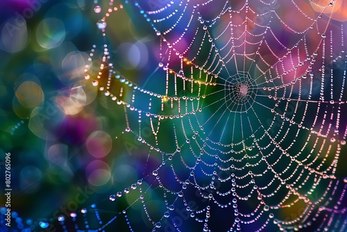 A close-up of a dew-kissed spider web.