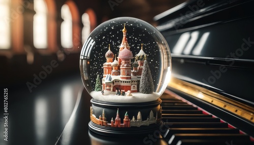 A beautifully crafted snow globe sits atop a sleek black piano surface, within it, a miniature Moscow's Red Square scene during winter. photo
