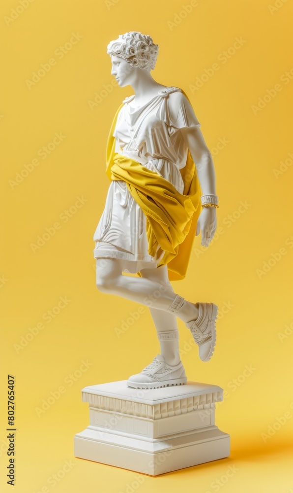 greek statue with funky pose, in the cyan and magenta style of contemporary art, yellow background. greek statue with funky pose, in the cyan and magenta style of contemporary art, yellow background.