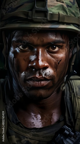 Soldier portrait with green camouflage and jungle color hues