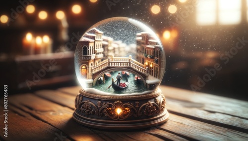 A snow globe on an antique wooden desk with a meticulously detailed miniature Venice canal scene inside.