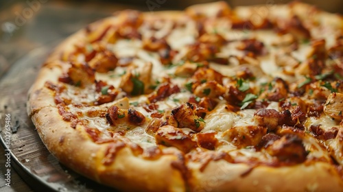 A close-up of a barbecue chicken pizza fresh out of the oven  with melty cheese and savory toppings.