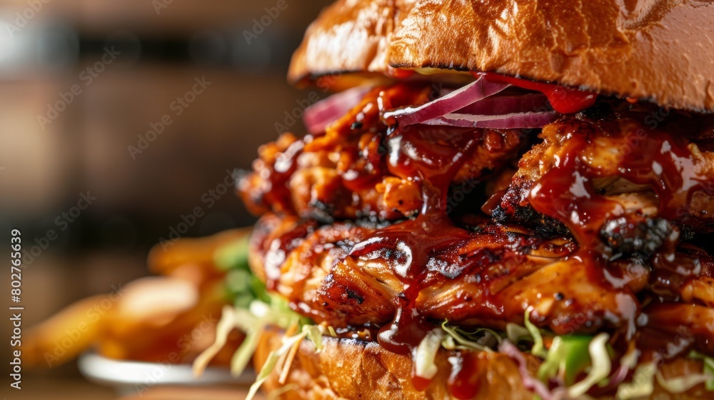 A close-up of a barbecue chicken sandwich piled high with toppings, ready to be devoured at a summer barbecue. A close-up of a barbecue chicken sandwich piled high with toppings, ready to be devoured at a summer barbecue.