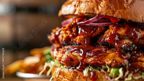 A close-up of a barbecue chicken sandwich piled high with toppings, ready to be devoured at a summer barbecue. photo