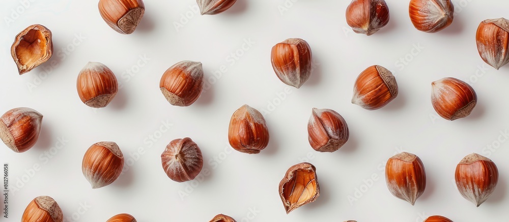Hazelnuts against a white backdrop. Hazelnuts against a white backdrop.