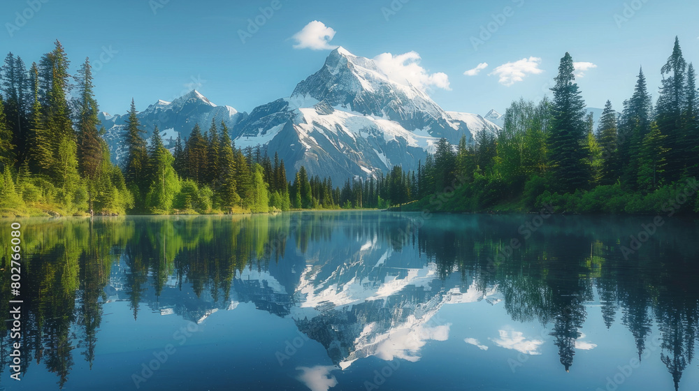A breathtaking view of a snow-capped mountain reflecting in a crystal-clear lake in a pristine wilderness.