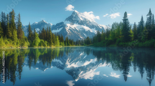 A breathtaking view of a snow-capped mountain reflecting in a crystal-clear lake in a pristine wilderness.