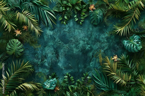 Creative layout made of tropical leaves on turquoise background   Flat lay  top view  copy space