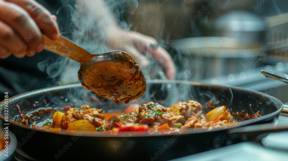 A close-up of a chef stirring a simmering pot of chicken razala, the rich aroma of spices wafting through the kitchen.