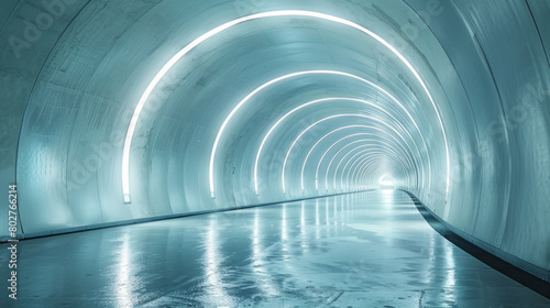An empty  modern underground tunnel with curved  smooth walls and soft ambient lighting.
