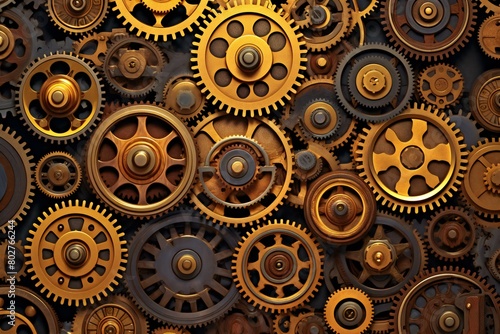 Group of metal gears and cogs as industrial background, closeup